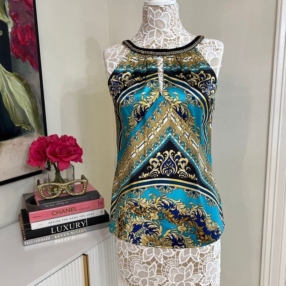 Cache Women's Baroque Scarf Print Sleeveless Halter Top Teal Gold Size Medium